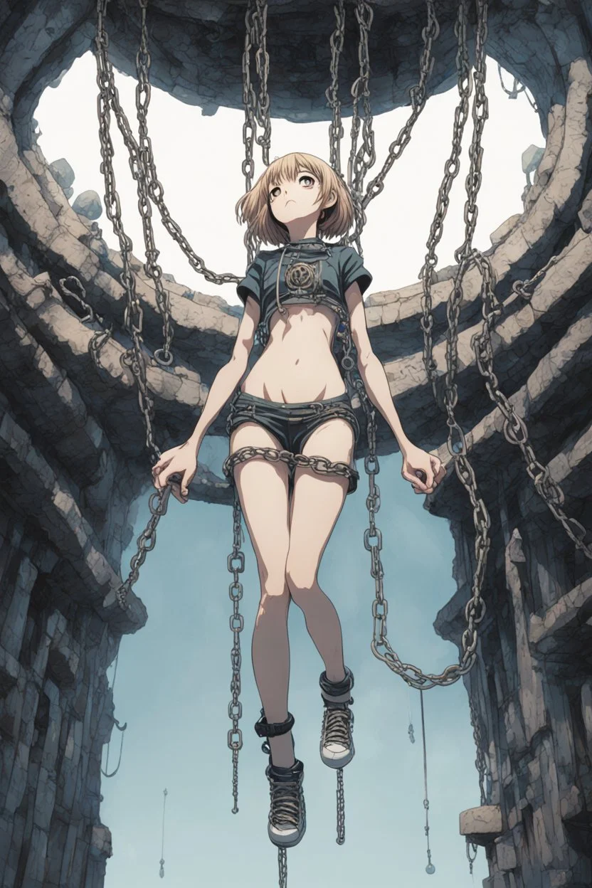 Anime girl with chain body holding long chains, fullbody, the perspective looking up from the bottom of an empty well ,in the style of Katsuhiro Otomo.