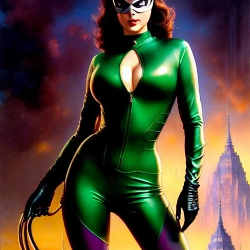 fullbody portrait 'beautiful Sexy Busty CatWoman',wearing skintight transparent suit,crystal clear green eyes,painting by gaston bussiere, greg rutkowski, yoji shinkawa, yoshitaka amano, tsutomu nihei, donato giancola, tim hildebrandt, oil on canvas, cinematic composition, extreme detail,fit full head inside picture,32k