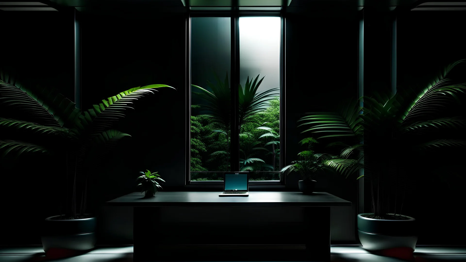 Minimalist background for video calls. Mostly black and serene, futuristic, with a very wide window and with some plants outside.