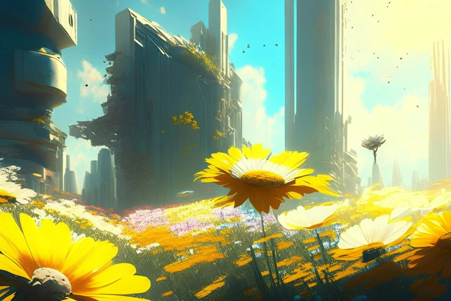 sunny day, flowers, epic, sci-fi, modern contemporary city