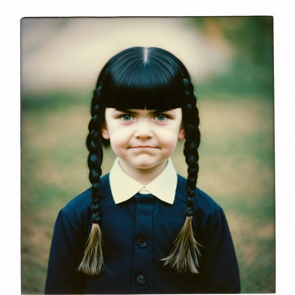 wednesday addams as a child, braids, frange, worn polaroid, 1970s, liminal, angry