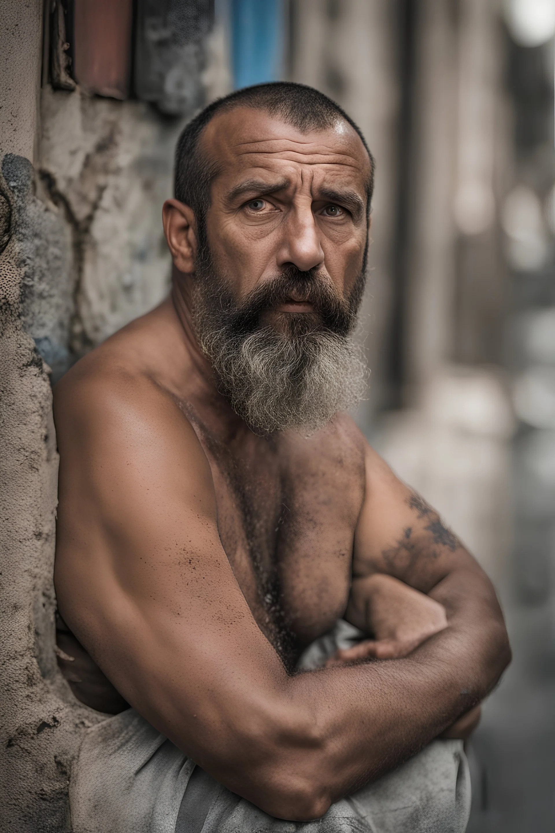 close up photography of an ugly 44 year old beefy robust burly turkish homeless, wearing his work unbuttoned shorts, shirtless, leaning with his back on the wall, hands on the fap, dirty, sweat, wet, ajar mouth, hairy chest, , very virile, short beard, shaved hair, sweat, , in a sunny street, photorealistic , frontal view from the ground