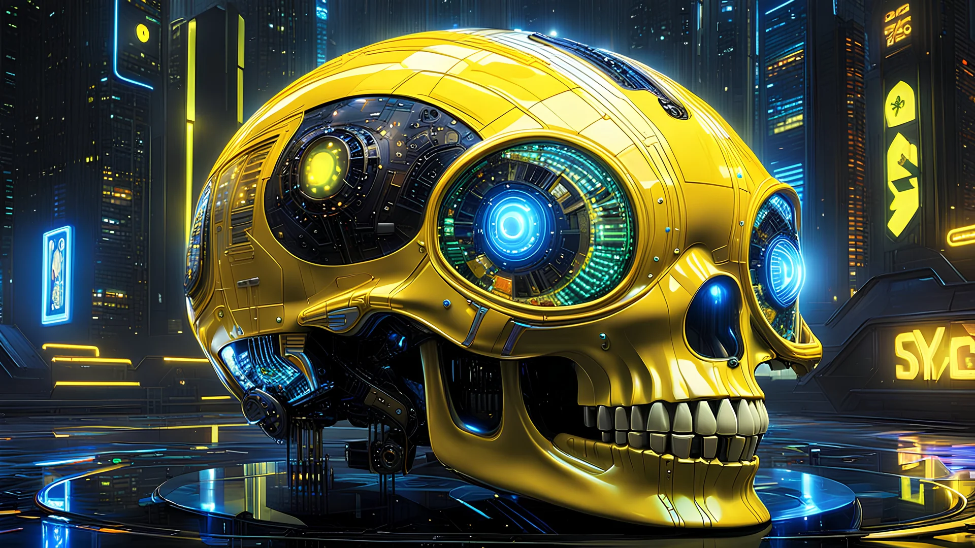 A masterpiece conceptual digital painting of a prototype, experimental, yellow(((Pac-Man)))-cybernetic skull hybrid, with illuminated holographic eyes, pinstripes, and detailed LED light accents, in a glossy cyberpunk background, Syd Mead art style, sci-fi, cyberpunk, game art, intricate details, HDR, beautifully shot, hyperrealistic, sharp focus, dim foul lighting, 64 megapixels, perfect composition, high contrast, cinematic, atmospheric, moody.