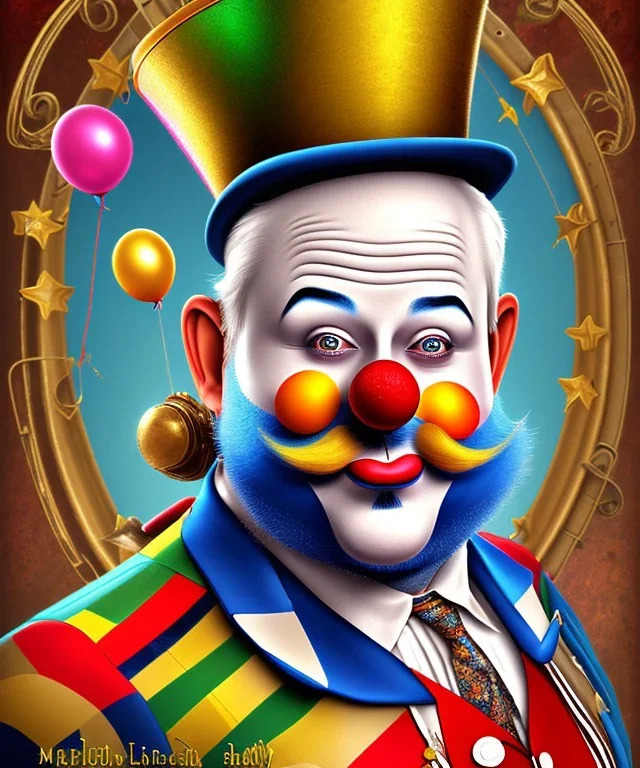 happy old friendly fat clown with trimmed beard playing jazz with a steampunk theme, circus, realistic