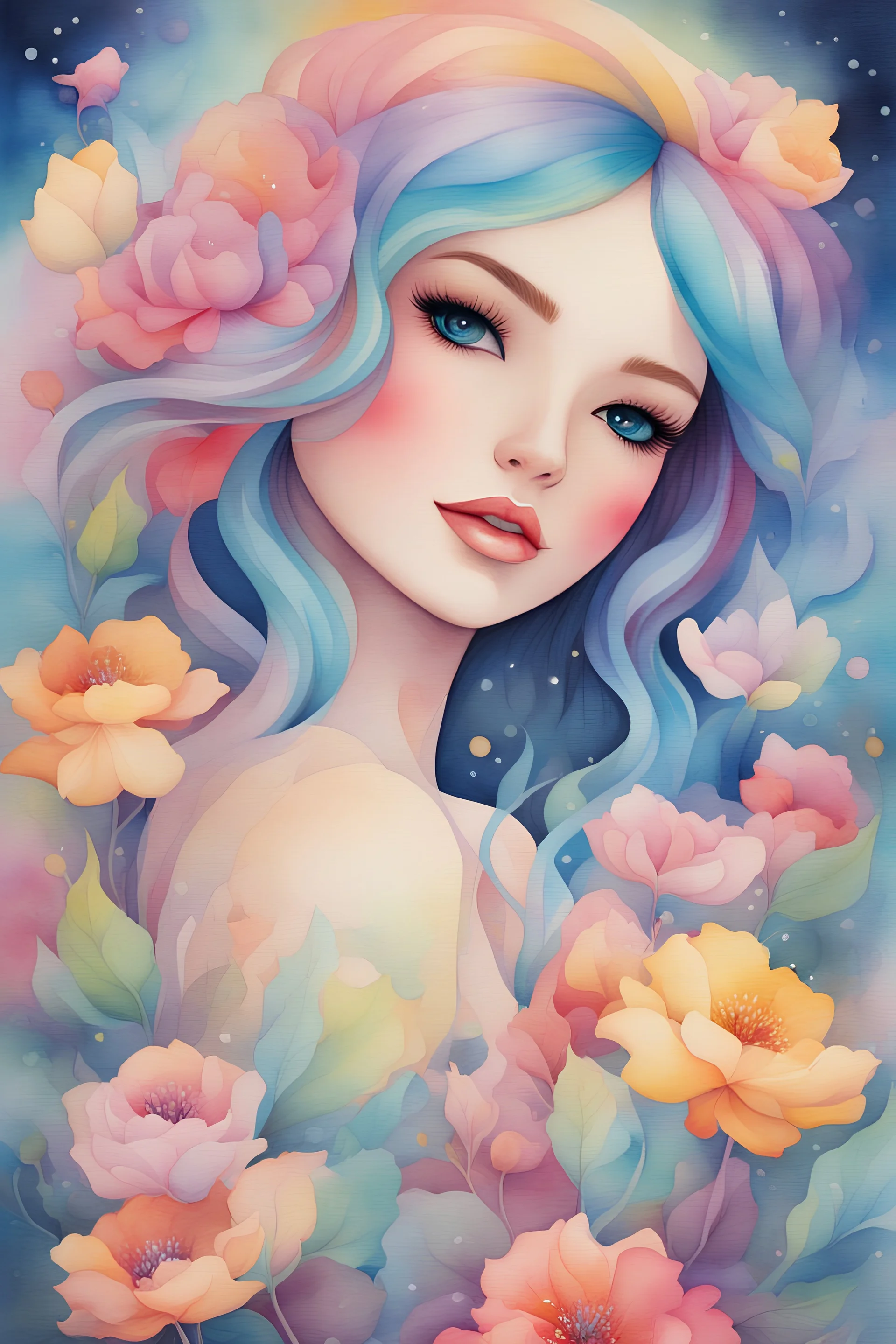 Watercolor style, watercolor painting of a girl with beautiful flowers, sparkles background, glow, rainbow hair, beautiful face, young girl, watercolor background, vibrant watercolor painting, by Jeremiah Ketner, dream, illustration art, watercolor painting, very beautiful painting, beautiful watercolor painting, colorful watercolor, romanticism painting, fine art, dynamic, high quality