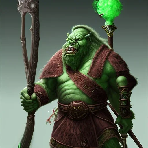 orc mage, Height 200cm, Weight 150kg, Skin color green, Has predator-like eyes, fangs, and claws, He holds an magic cane in both hands. Kills humans with ferocious accuracy, Intelligence is that of a human child. Wears robes of crude cloth