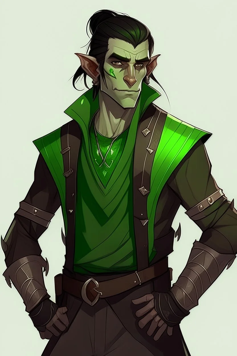 half orc twenty one year old male wearing black and green rogue clothing, mischievous and kind