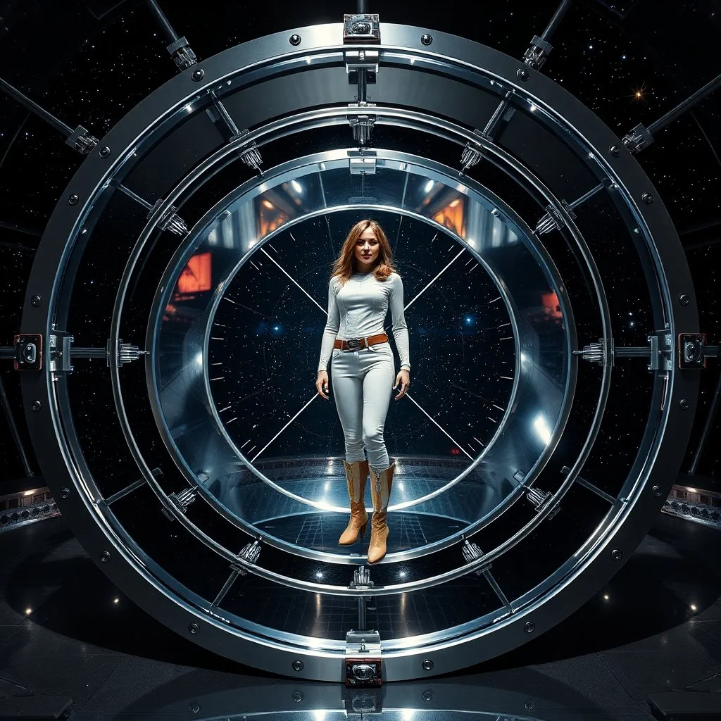 picture of a very huge real working physic based gyroscope with mirror surfaces in a inter star environment ,a very pretty lady with modern future clothing boots standing in main turning disk of gyroscope.1x1