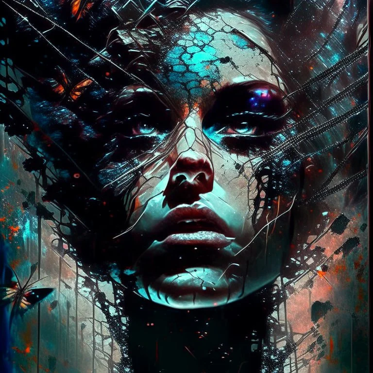 Russ Mills Soft Nebula Atmosphere Illustration Style - Extreme close-up of a woman trapped in a nebula like a butterfly in a net, poster, painting, graffiti, dark fantasy, portrait photography, ci