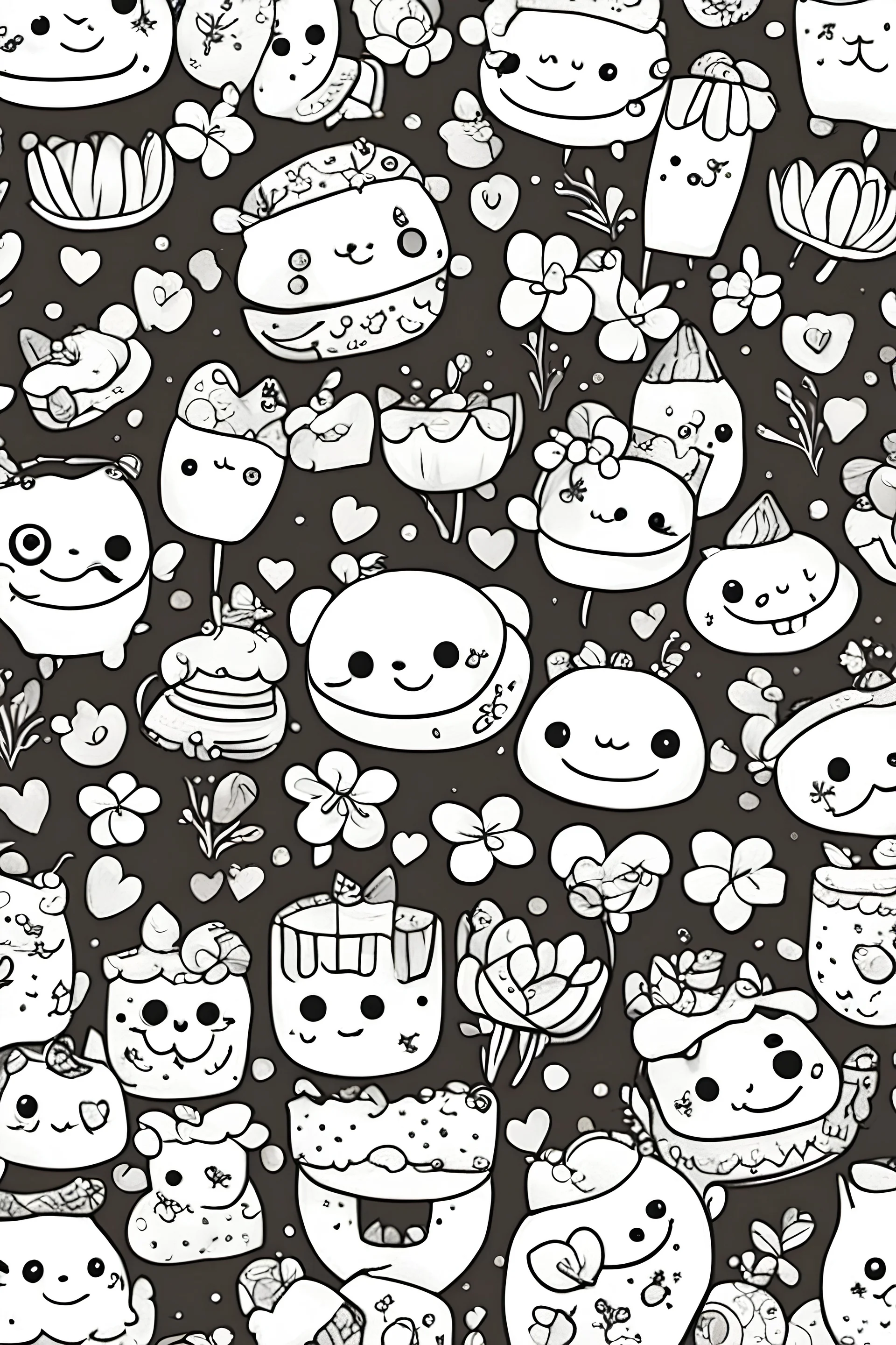 pretty Cute simple beautiful girly feminine cartoonish pattern for coloring pages, use only black and white, clear crisp outlines, no black background.