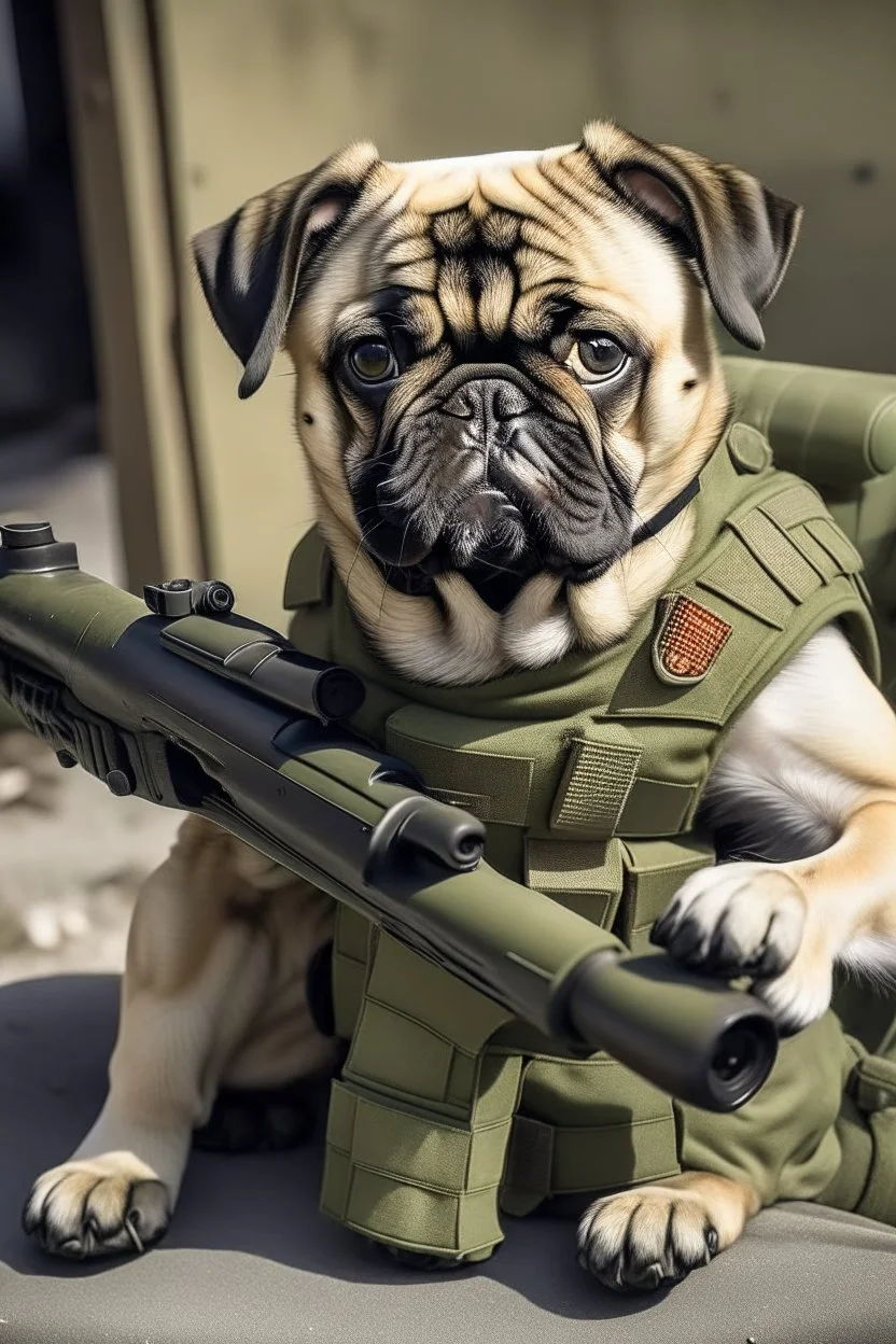 pug as a soldier with grenades guns and a p90