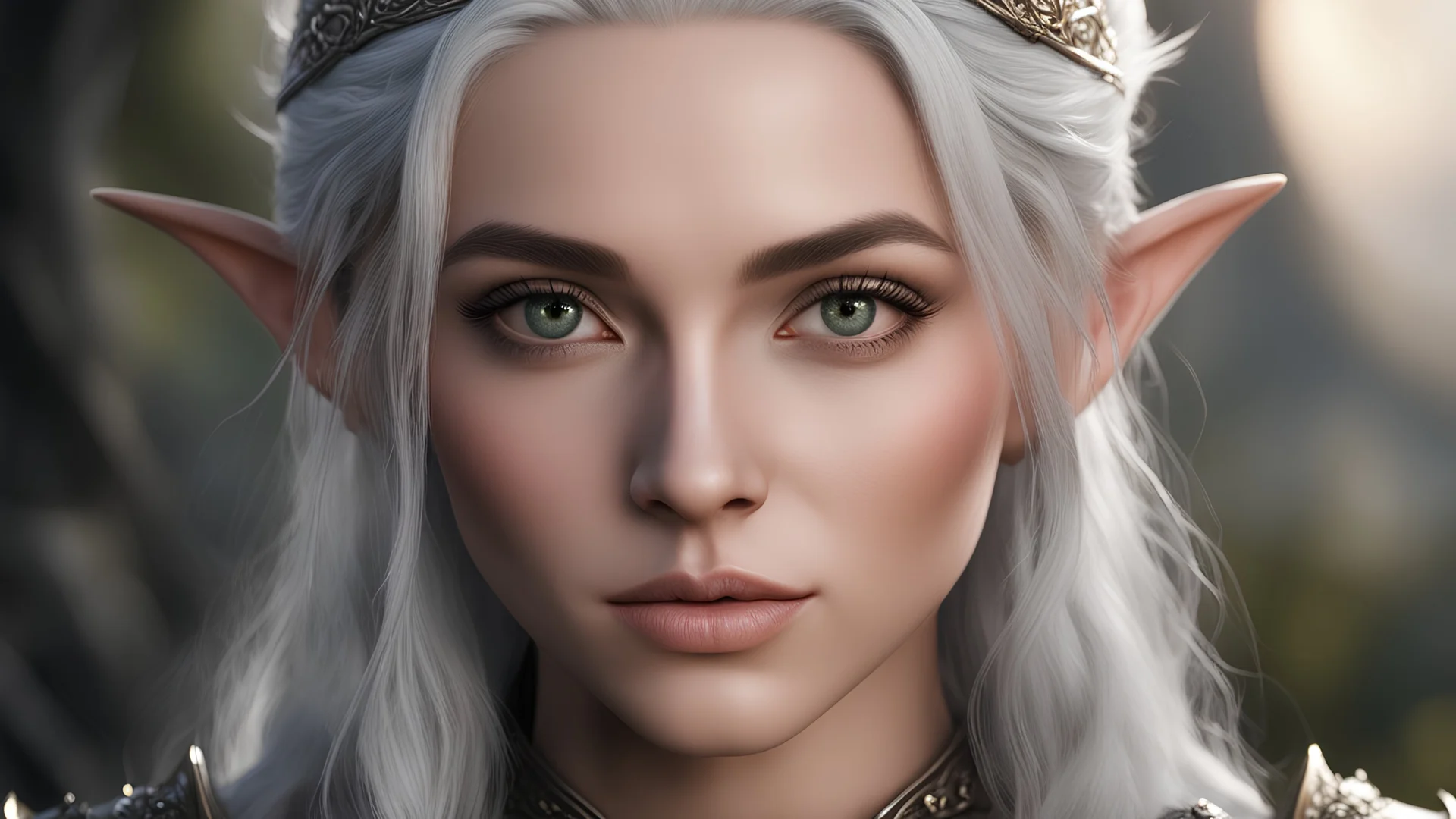 (detailed face, detailed eyes, clear skin, clear eyes), lotr, fantasy, elf, female, silver hair, looking at viewer, portrait, photography, detailed skin, realistic, photo-realistic, 8k, highly detailed, full length frame, High detail RAW color art, piercing, diffused soft lighting, shallow depth of field, sharp focus, hyperrealism, cinematic lighting