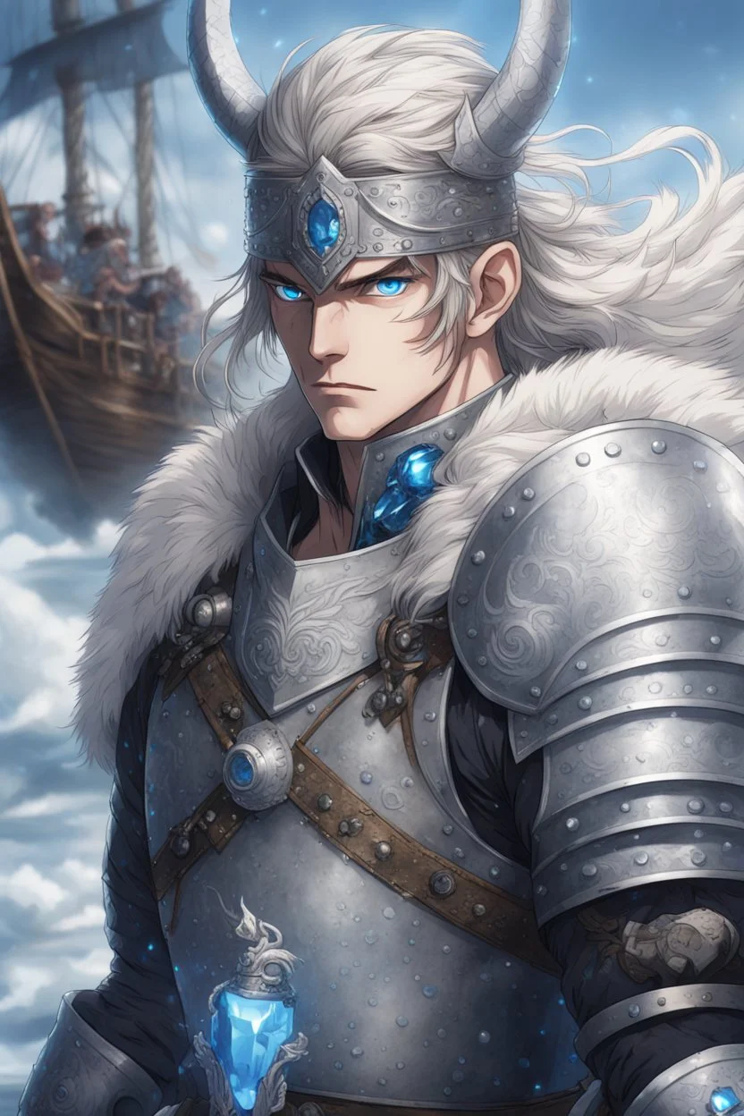 1man warrior in anime style, with blue eyes wearing silver Vikings armor with a blue crystal on his chest with a battle axe on the pirate ship, anime, anime style