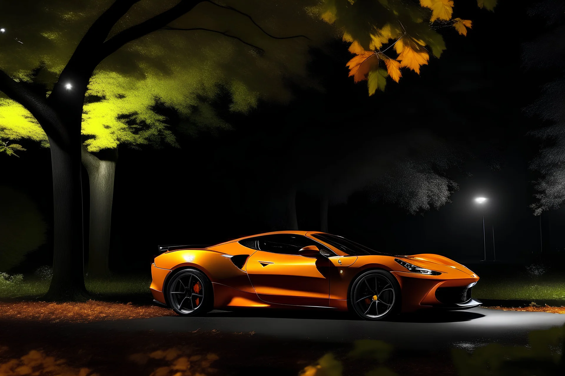 Ferrari orange 812 Fast, Beautiful gal, moonlight, trees calm ambience..