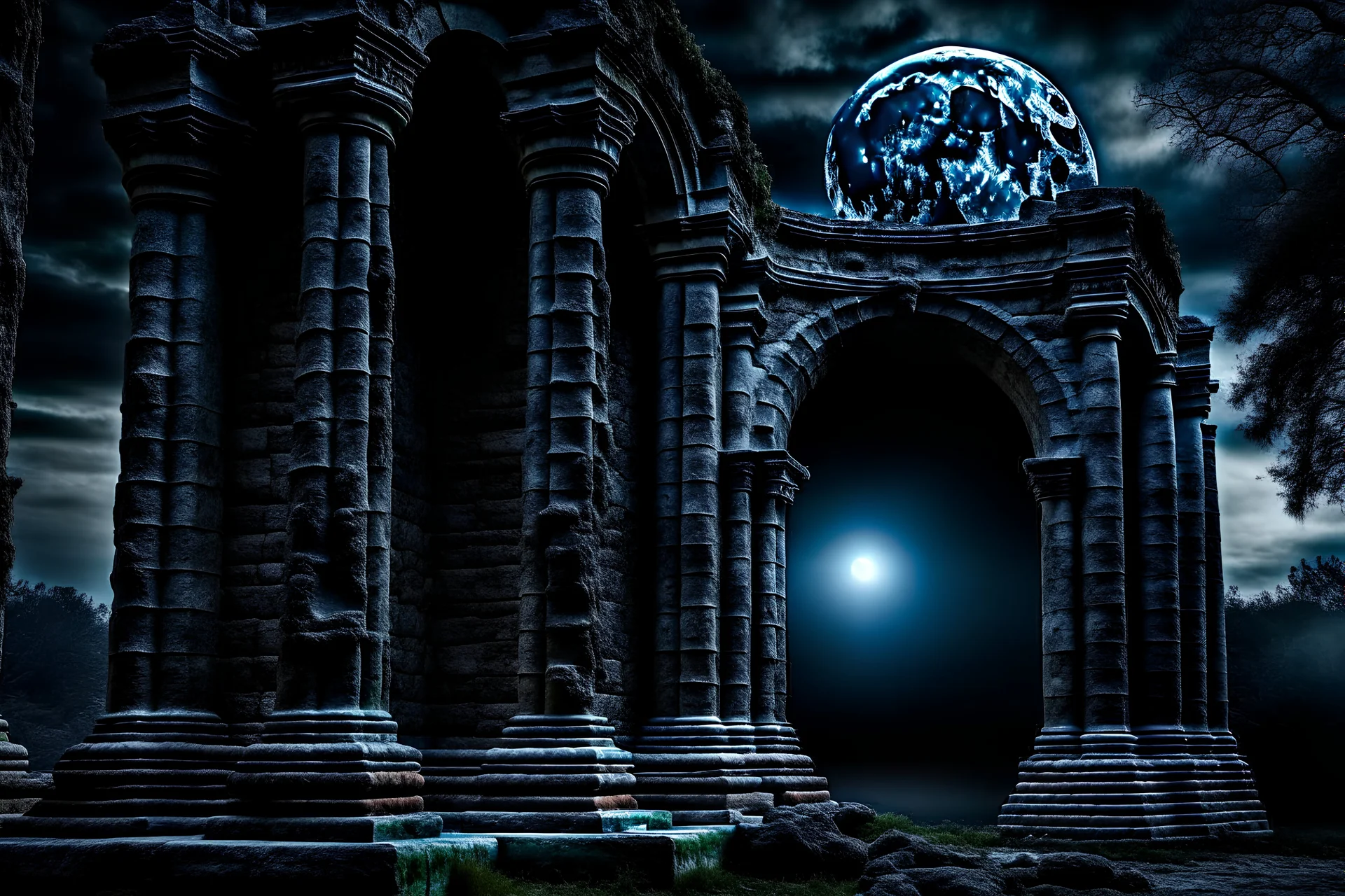 The solitary veiled figure draped in threads of decay standing at the midnight in moonlight next the Ruins, in backgrounde the luminous sinister moon, detailed, crepy stunning