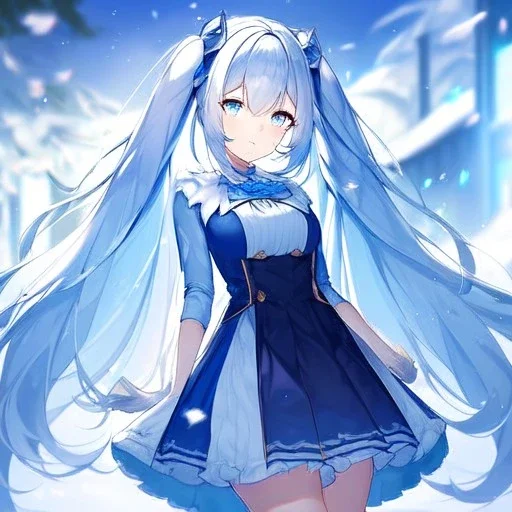 Clear focus, high resolution, cyan pigtails long fluffy hair, cyan eyes, wearing a snow outfit, wearing a medium length skirt