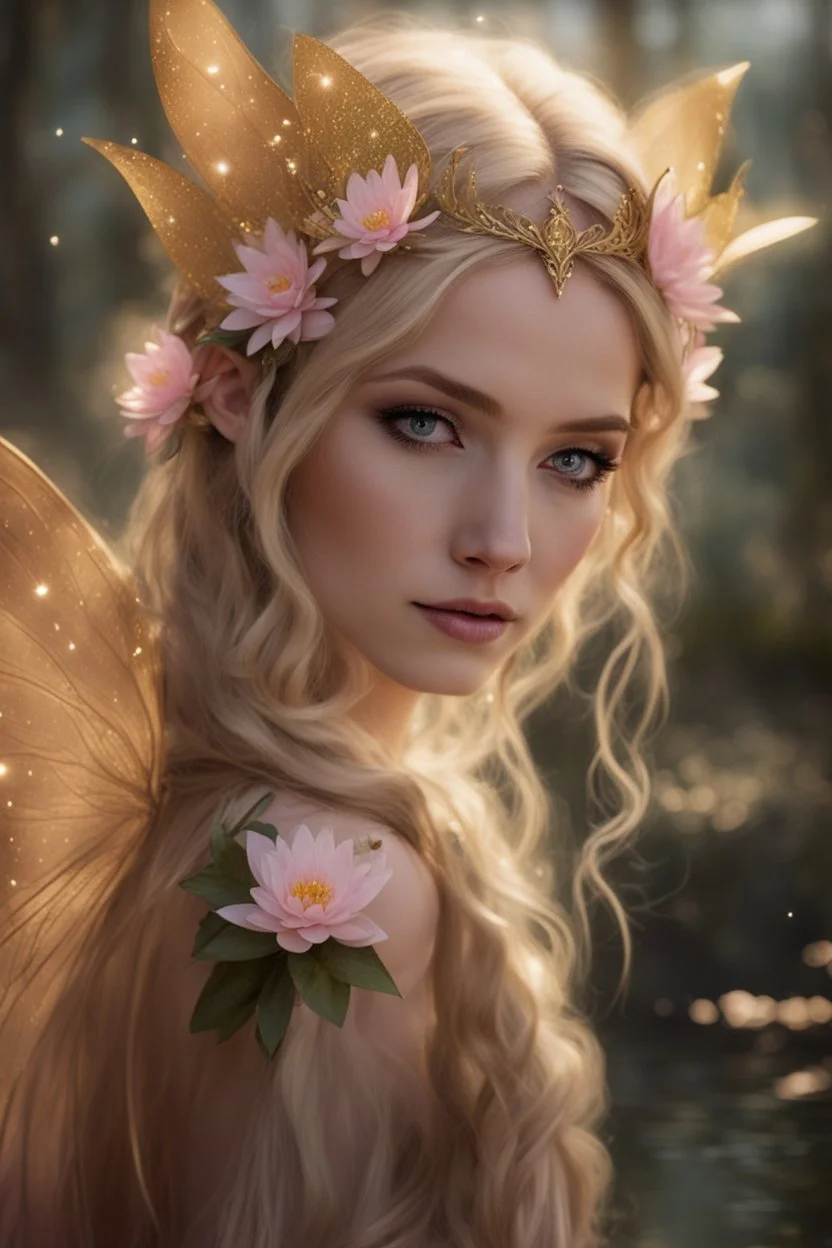 Pointed elven ears,Blonde hair ,Pink dress,Sparkling fairy wings,Very long golden hair,Fairy crown,pointed ears,elven ears,fairy wings,water lilies,sparkling,glittering,flowers,blossoms,golden crown,light pink dress