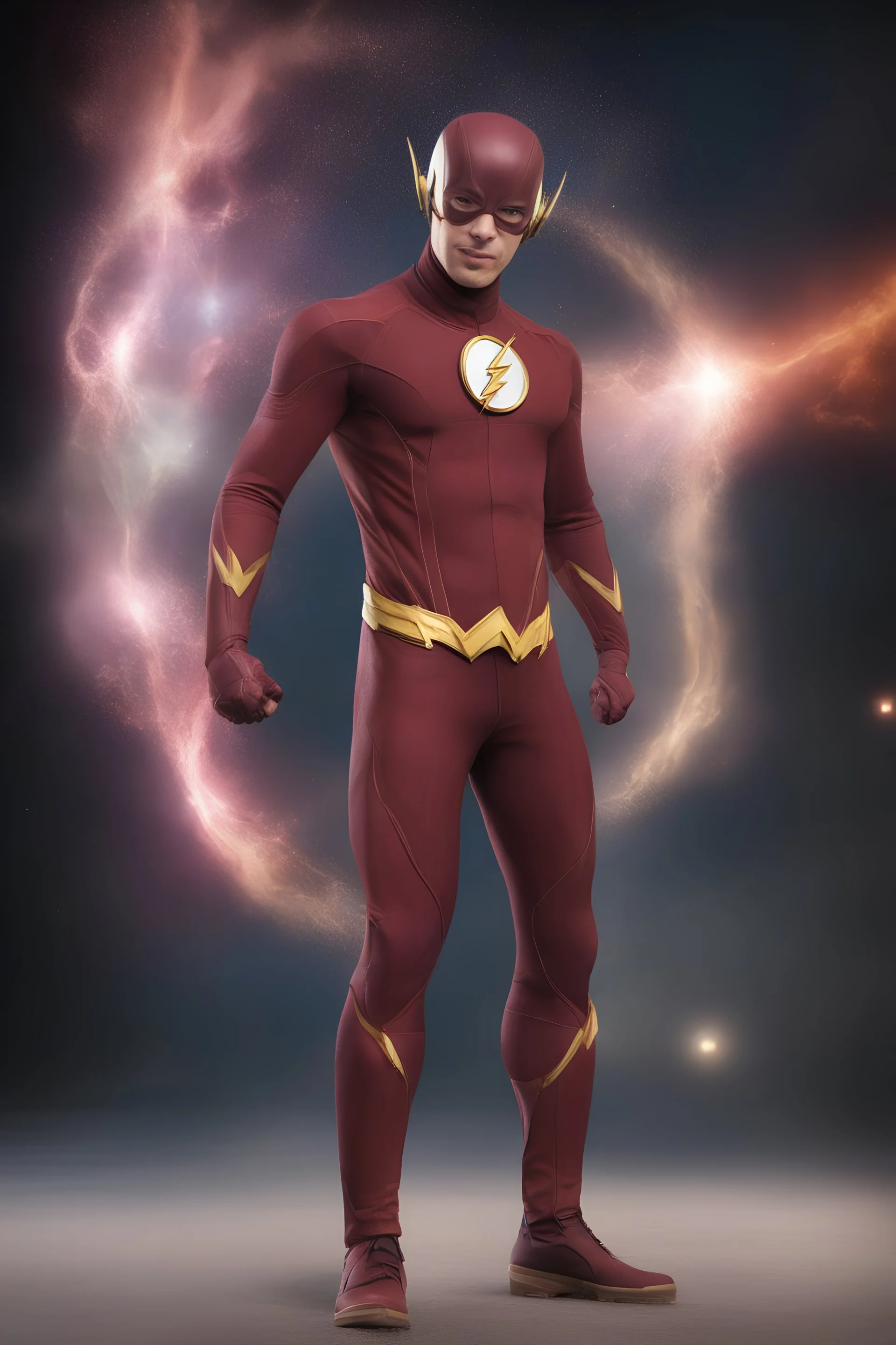 Grant Gustin as The Flash - 3D bubbles, 3D hearts, multicolored lightning, aurora borealis, UFOs, Devil's Tower, fireflies, professional quality digital photograph, happy time