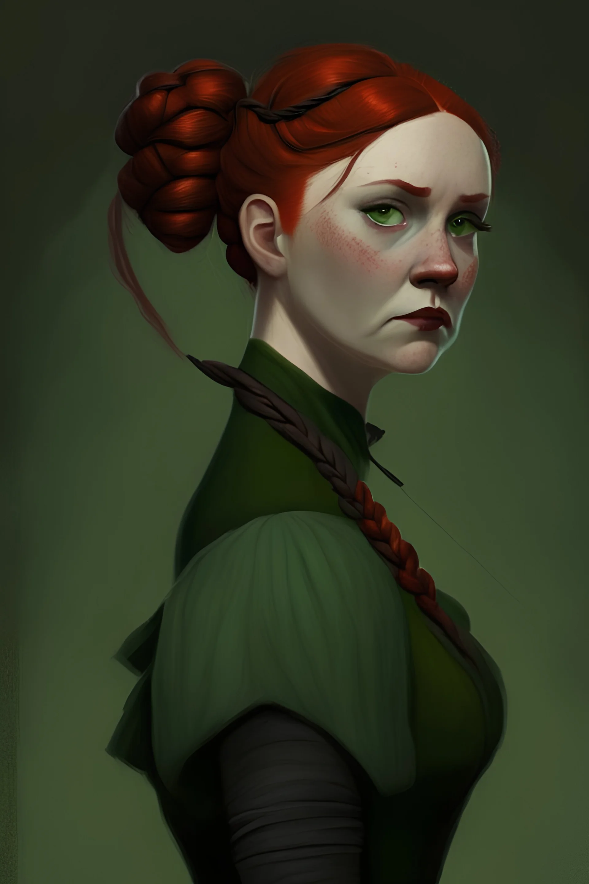 Short woman, red hair tied in a braid, wears a long dark green dress with black gloves, upturned nose and amber eyes, carries a bow on her back