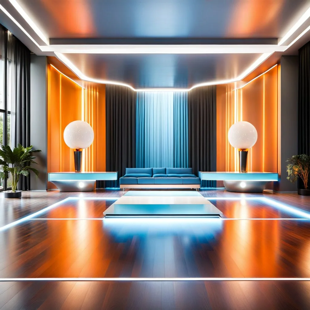 beautiful dance stage in luxury modern hall dynamic lights, modern furniture light blue & orange theme