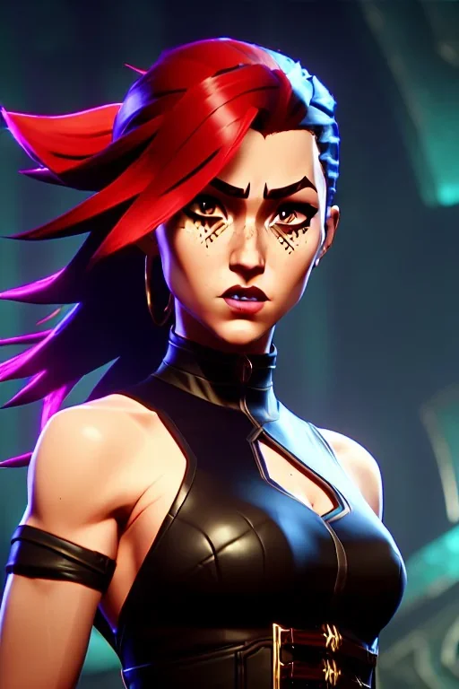 j.scott campbell, serena from mortal kombat, full head to toe portrait, lathe build, wearing black and red mini skirt, thigh high boots and crop top, big green eyes, eyes are both in proportion, 3/4 look, long black hair with red streak, small up turned nose, large breasts, small waist, round butt, standing, dark cobblestone alley, one halo white light behind head, non photorealistic rendering