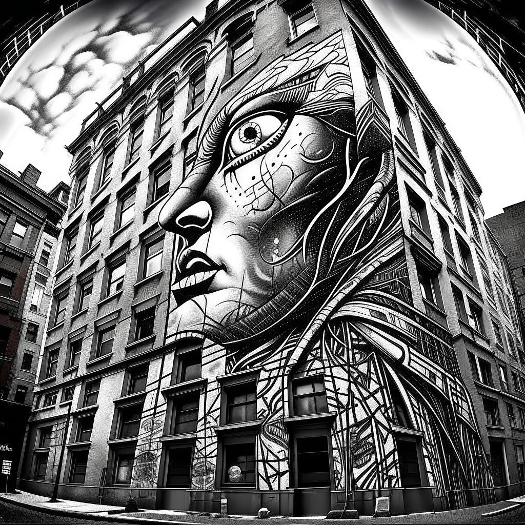 nyctophobia nightmare, abstract graffiti art on building side, by Phlegm, mind-bending illustration; asymmetric, 2D,