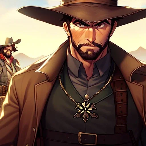 Portrait, Bearded, gunslinger, short brown hair, serious eyes, wild west Coat, intricate details, serious, highly detailed,