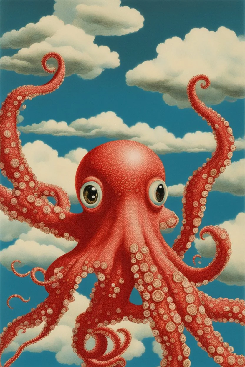 Octopus ,cloud in blue sky, a red lip, collage art, shuji terayama, dreamy objects, surreal, criterion collection, showa era, intricate details, mirror