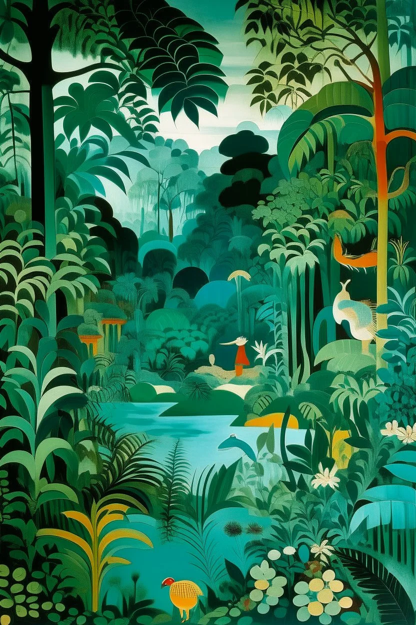 A mint colored jungle with a lake designed in Javanese shadow puppets painted by Wassily Kandinsky