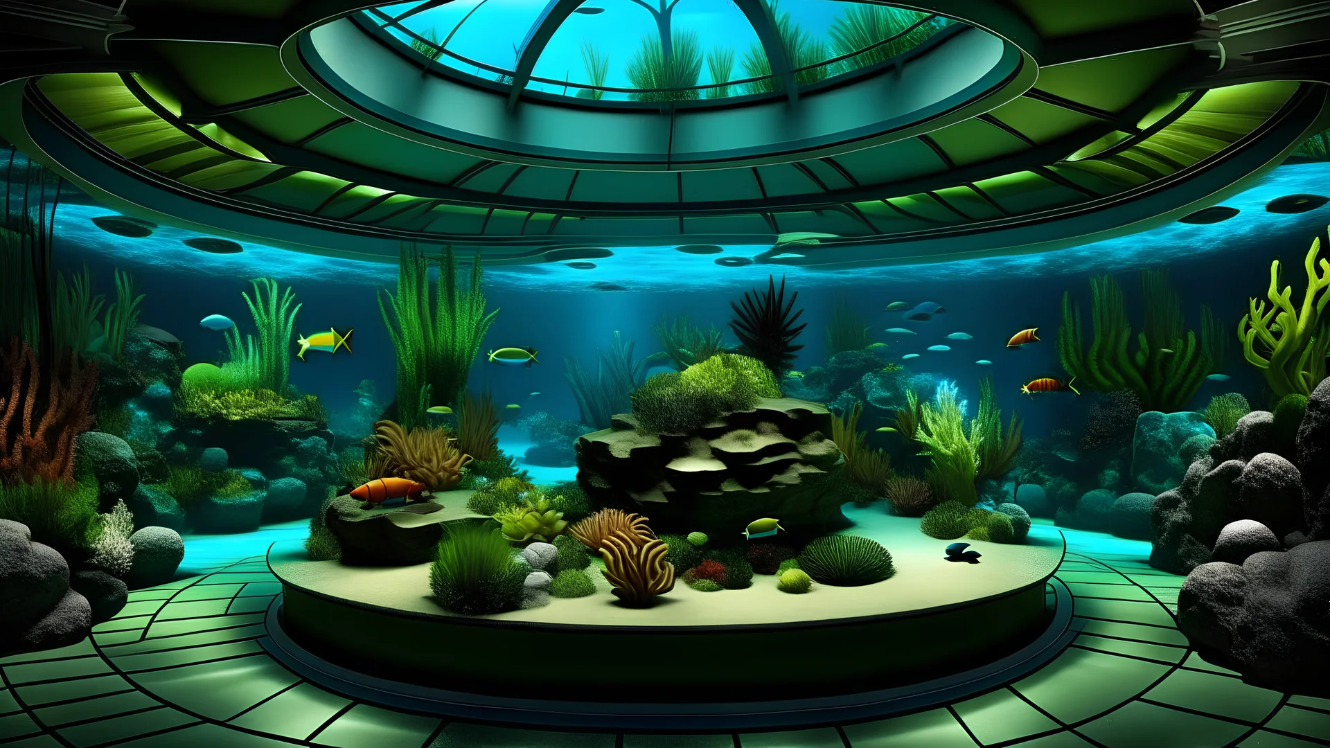 In the large semicircular Tropical Scenery Underwater World Aquarium, Symphysodon is placed in beautifully decorated rooms. Modifier: Fantastic view Ultra-detailed HDR Ultra-realistic Extremely detailed backgrounds Extremely mysterious Detailed