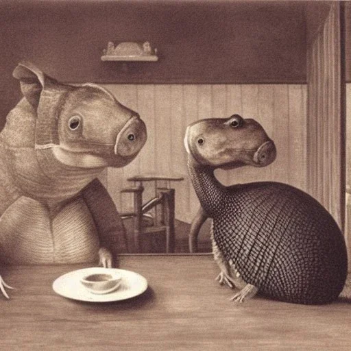 Realist portrait of one armadillo and one otter having coffee together in a diner 1880s