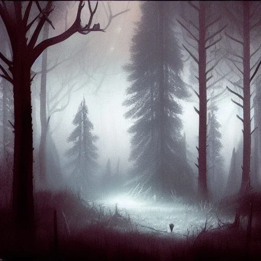 dark wood forest with a creepy cabin, ambient lighting, horror art, in the style of greg rutkowski,