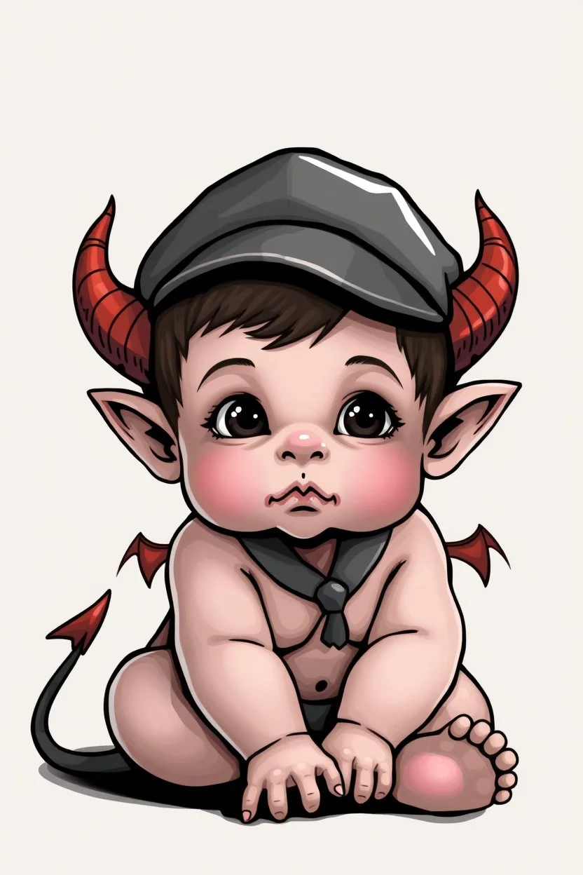 Cute baby demon with horns wearing a newsboy cap