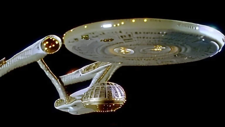 a screen capture from a star trek movie of a battle-damaged starship enterprise IN the year 2380 IS IN A BATTLE with monster ufos sci-fi meticulous, highly-polished, photorealistic, studio production, intricately detailed, GALACTIC, directed by gene Roddenberry, move saucer section forward and nacelles back