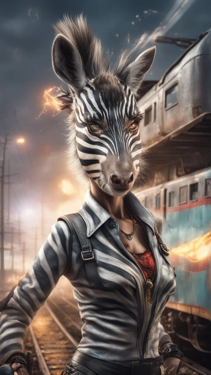 hypnotic portrait of a zebra yoga instructor and flashy magazine cover illustration, fallout 4 docks setting, horror weird cowboy wizard cyberpunk weasel in female garments on top of train ,holding dynamite, getting hit by lightening electric arc, with big disturbed eyes,bokeh like f/0.8, tilt-shift lens 8k, high detail, smooth render, down-light, unreal engine, prize winning