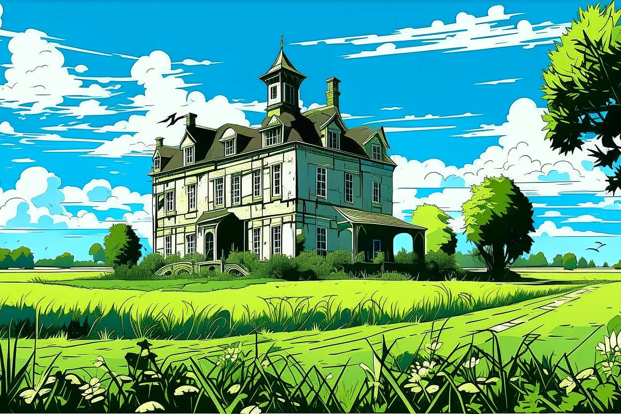 Disused, Victorian Manor House, Blue Sky, Over-Grown Fields, Vector Art