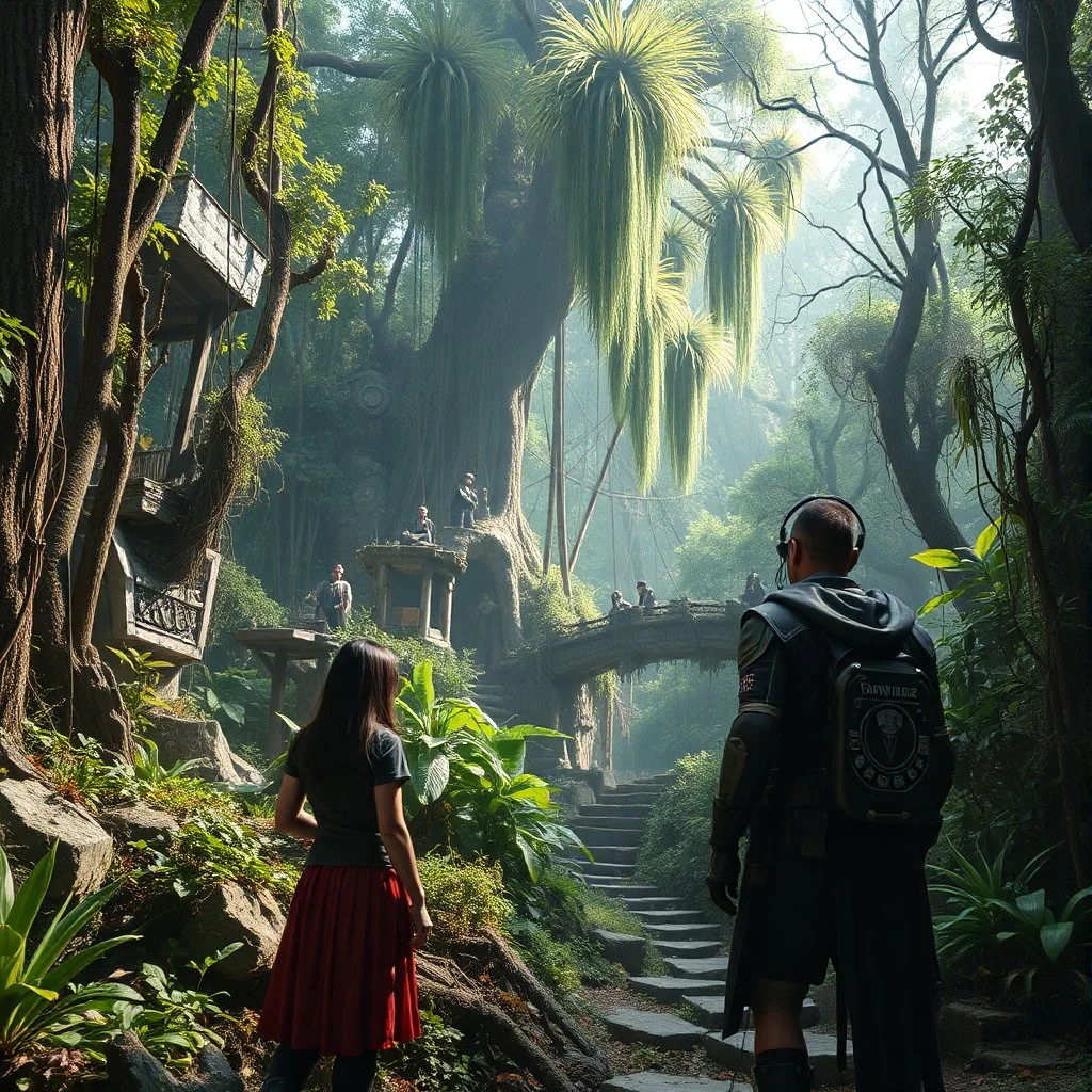Scene from a modern fantasy live-action movie featuring the "Garden of Practicality", the Clockwork Forest Realm of Ix Chel, Cyberpunk style. At most one person.