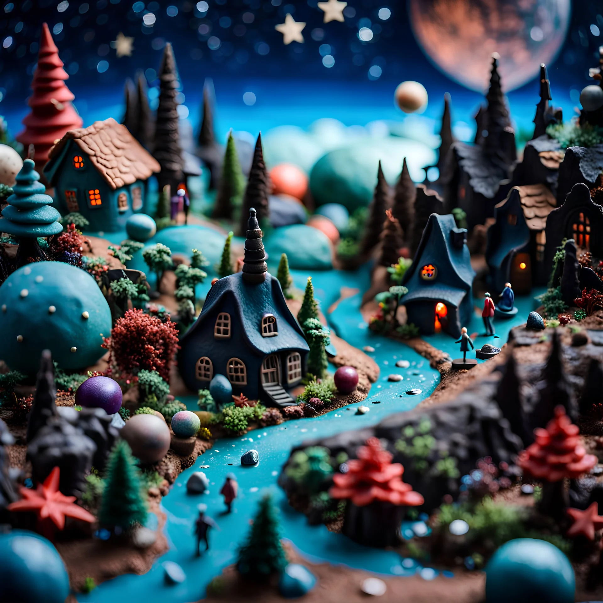 Detailed creepy landscape made of modeling clay, people, village, stars and planets, tilt shift perspective, Roger Dean, naïve, Tim Burton, strong texture, Ernst Haekel, extreme detail, Max Ernst, decal, rich moody colors, sparkles, bokeh, odd, giant boy as a background