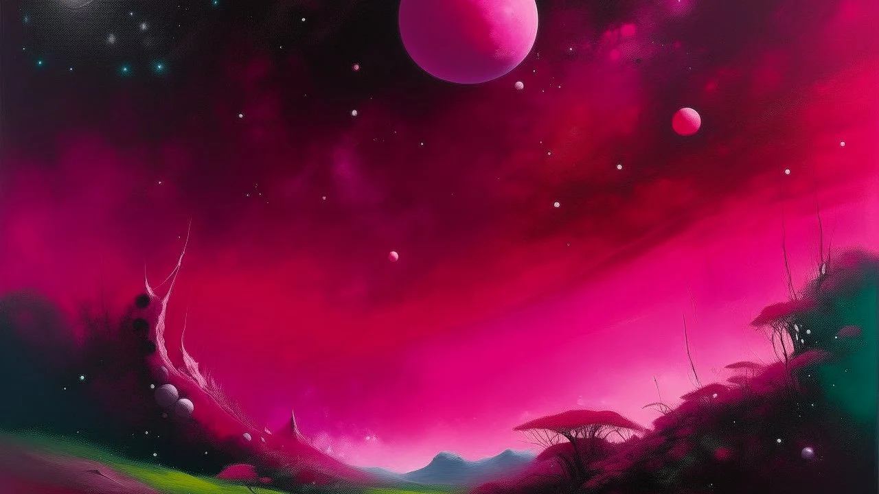A magenta outer space with swirling stars painted by George Inness