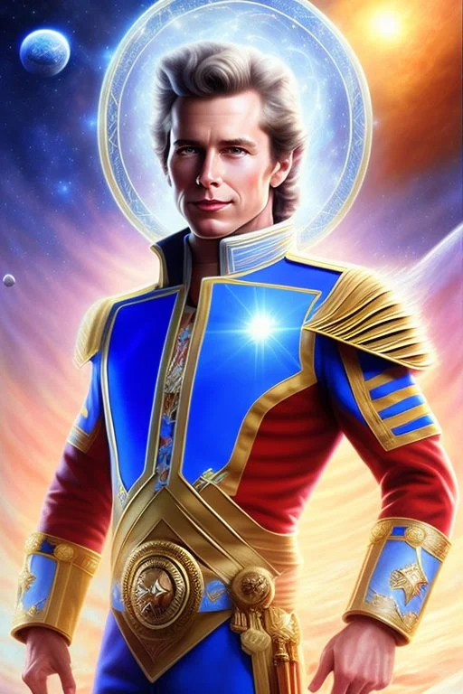 young cosmic man admiral from the future, one fine whole face, large cosmic forehead, crystalline skin, expressive blue eyes, blue hair, smiling lips, very nice smile, costume pleiadian,rainbow ufo Beautiful tall woman pleiadian Galactic commander, ship, perfect datailed golden galactic suit, high rank, long blond hair, hand whit five perfect detailed finger, amazing big blue eyes, smilling mouth, high drfinition lips, cosmic happiness, bright colors, blue, pink, gold, jewels, realistic, real