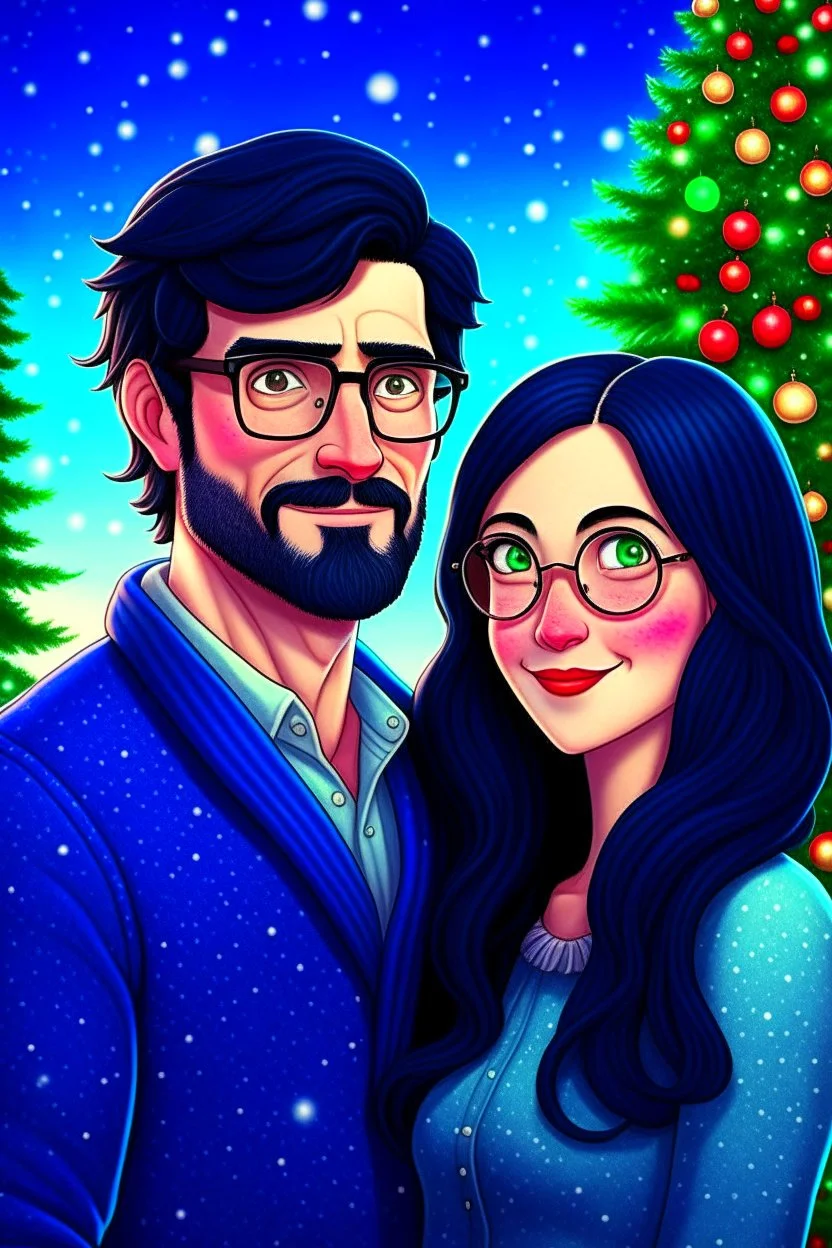 Christmas scene, dark haired couple, man with short black beard and glasses, woman with long hair and no glasses, blue eyes, young couple, graphic