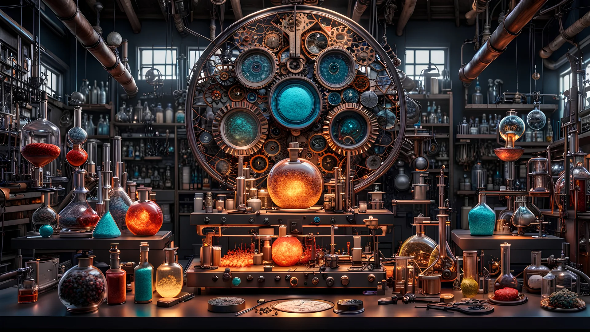 3D rendering of expressively detailed and intricate of a hyperrealistic chemistry laboratory experiment: front view, colorful paint, tribalism, steampunk, shamanism, cosmic fractals, dystopian, octane render, volumetric lighting, 8k post-production, detailed metallic objects, dendritic, artstation: award-winning: professional portrait: atmospheric: commanding: fantastical: clarity: 16k: ultra quality: striking: brilliance: stunning colors: amazing, beautiful, stunning composition