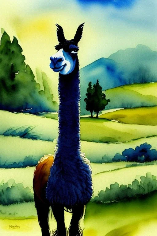 A happy llama stands in a pasture. Watercolour