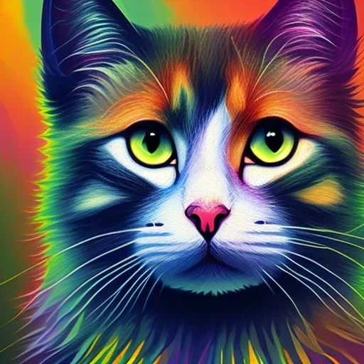 fluffy patched multicolored cat portrait in extremely dramatic light, cartoony style and beautiful big eyes