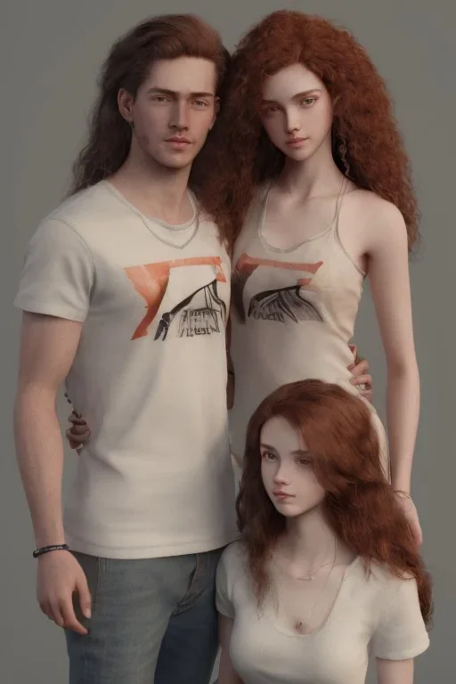 Jeune couple, visages hyper détaillés, ultra réaliste, 4k. Fille rousse aux cheveux raides, garçon musclé longs cheveux bruns très bouclés.