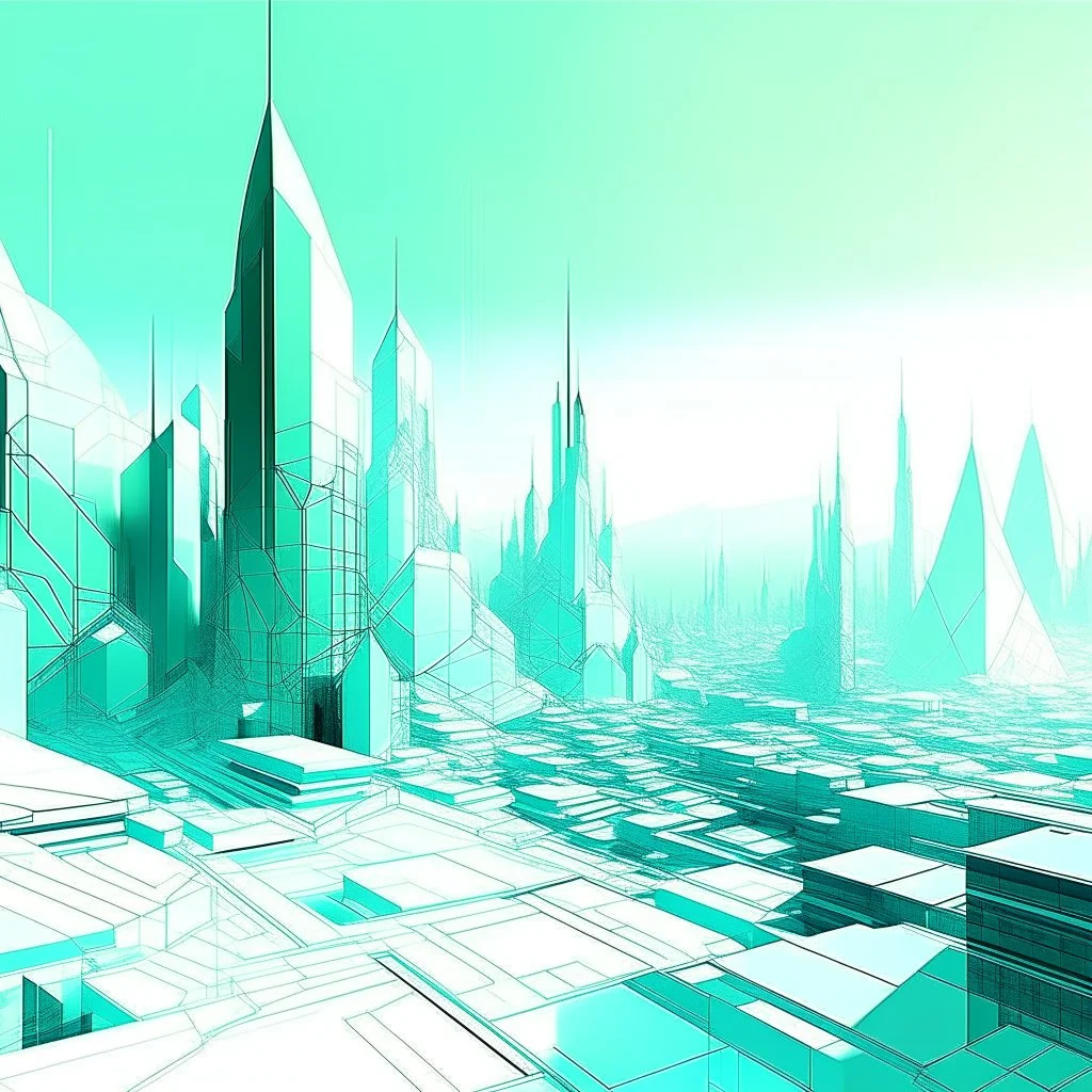 Digital illustration by Frank Miller of a futuristic and polygonal city, white ligh background colors are 60% white, 20% light blue (#DBF0EC) and 20% light green (#CCE7D5).