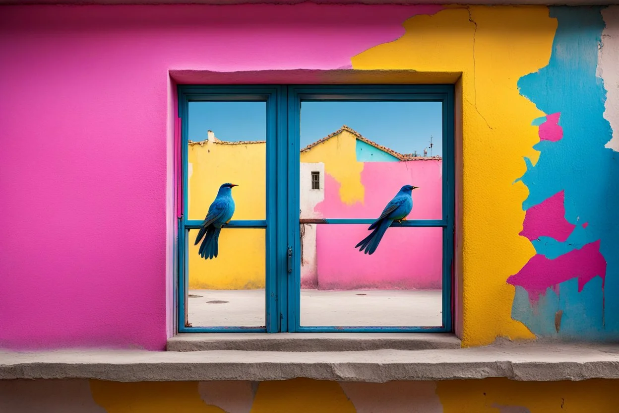 there are two birds sitting on a ledge next to a window, colorful mural on chipped walls, by Saurabh Jethani, photomanipulation, pink and yellow, by Liza Donnelly, diptych, eye catching composition, open window, open door, double exposure, double entendre, dramatic, dynamic, whizz dynamics, liminal vibe, amazing reflections, great contrasts, excellent verticals, perfect parallels, orange tint, socinlars vibe