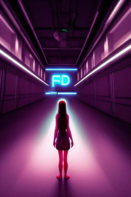 3d, si-fi hunger , far away a girl in the middle, stand on round platform, connected by wires , vr googles, beautifully color coded, super detailed, moody lighting, volumetric lighting, night time, girl in the middle