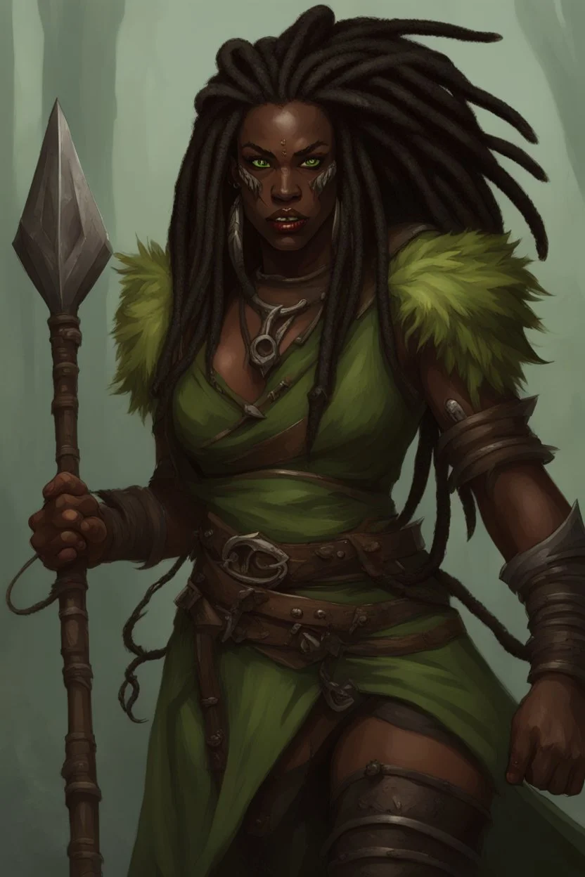 dungeons and dragons character portrait of a beast human female warrior with black skin, dreadlocks, thick eyebrows, big fangs and green eyes.