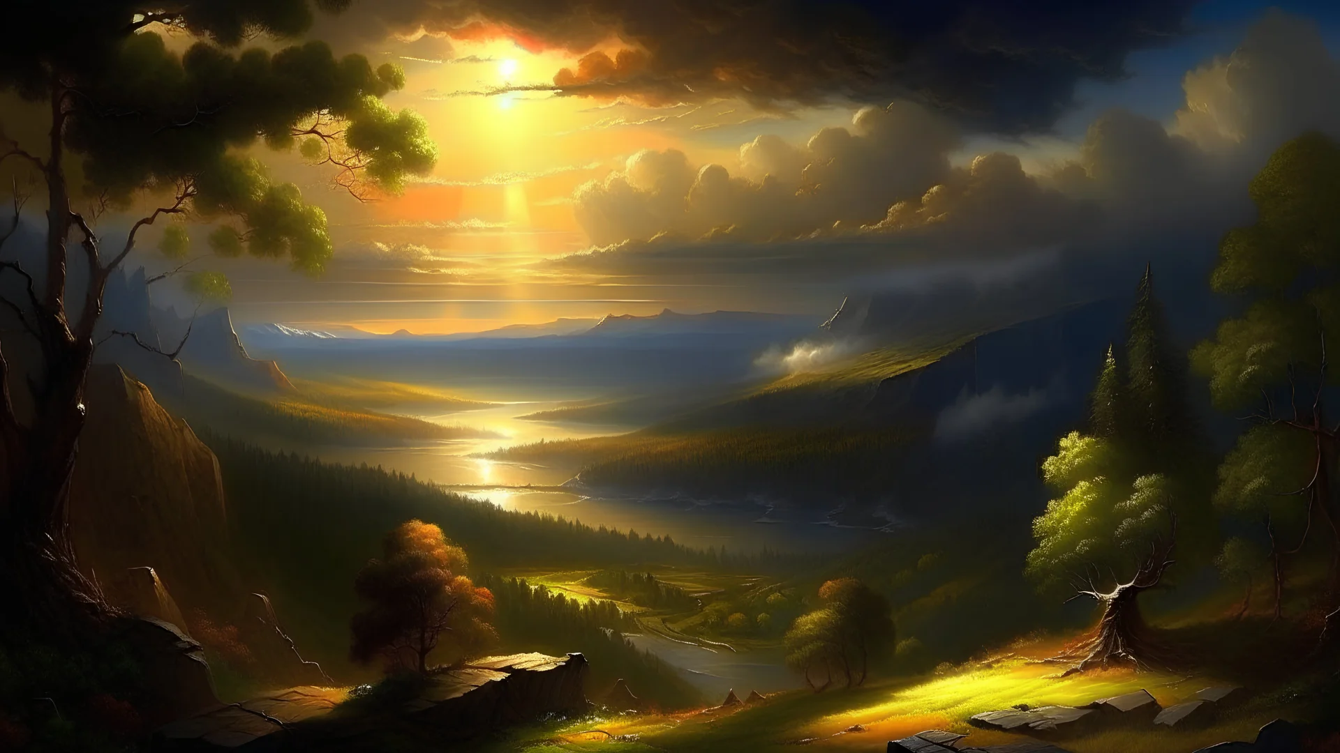 an epic painting of a landscape in the style of the hudson river school. epic lighting, very emotional